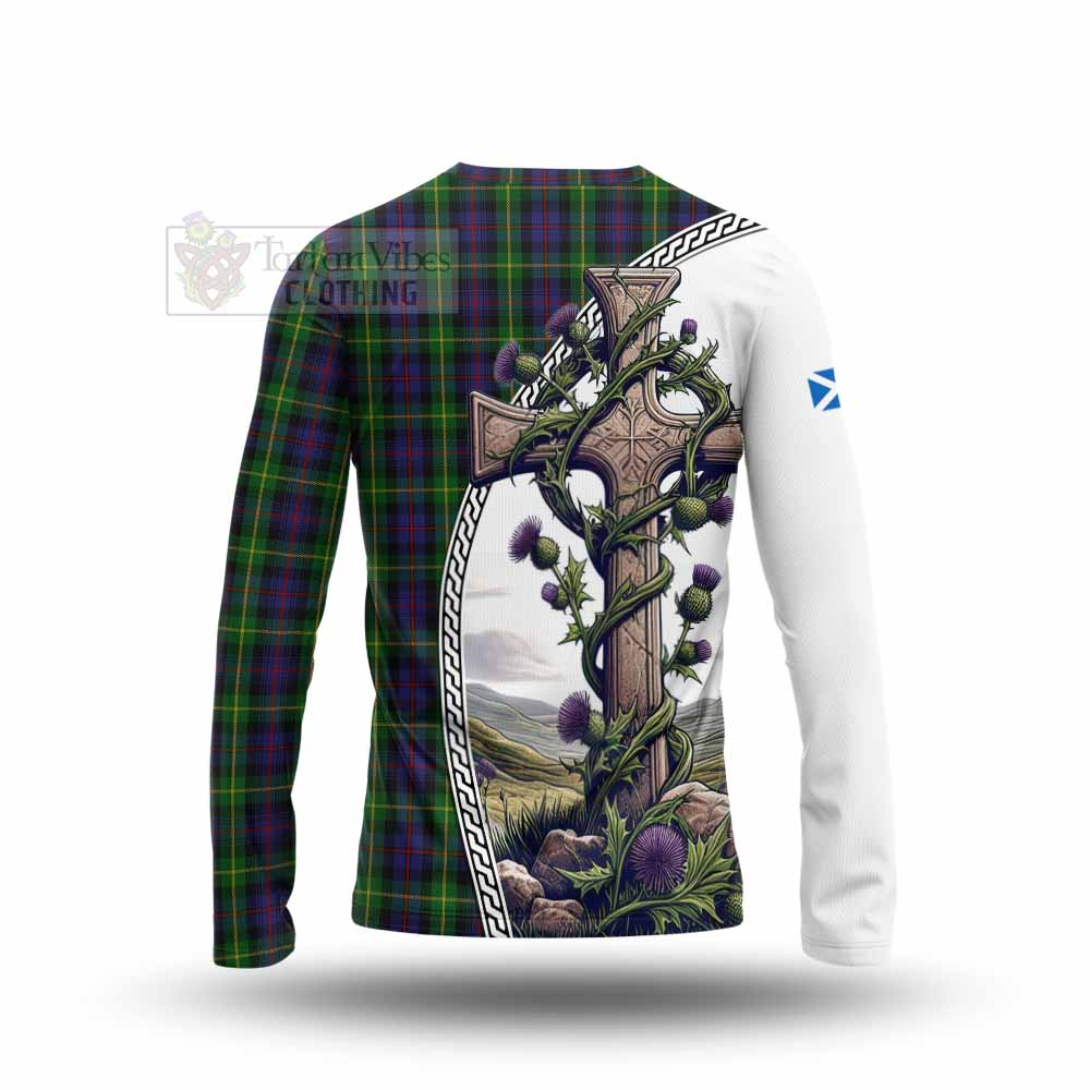 Tartan Vibes Clothing Farquharson Tartan Long Sleeve T-Shirt with Family Crest and St. Andrew's Cross Accented by Thistle Vines