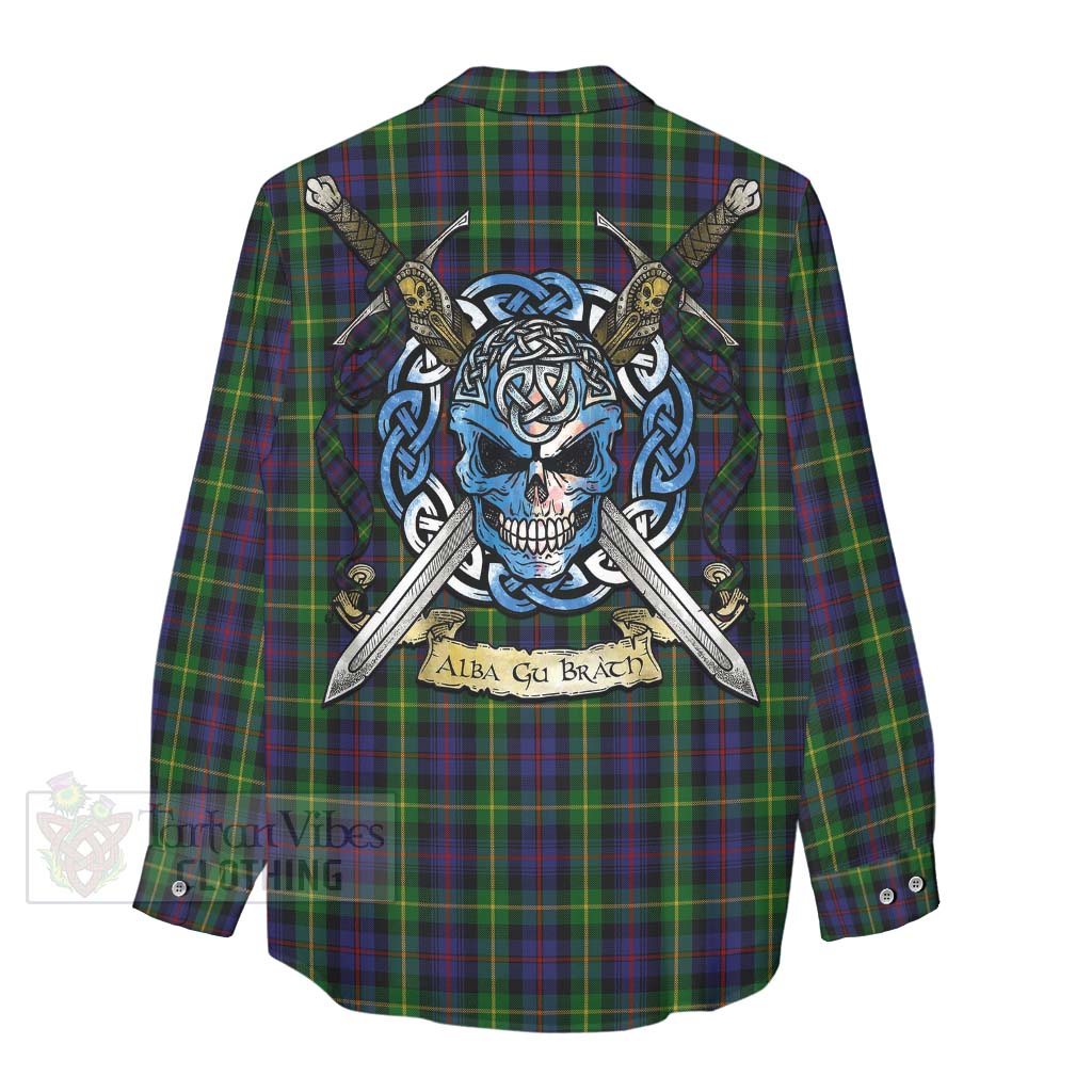 Tartan Vibes Clothing Farquharson Tartan Women's Casual Shirt with Family Crest Celtic Skull Style