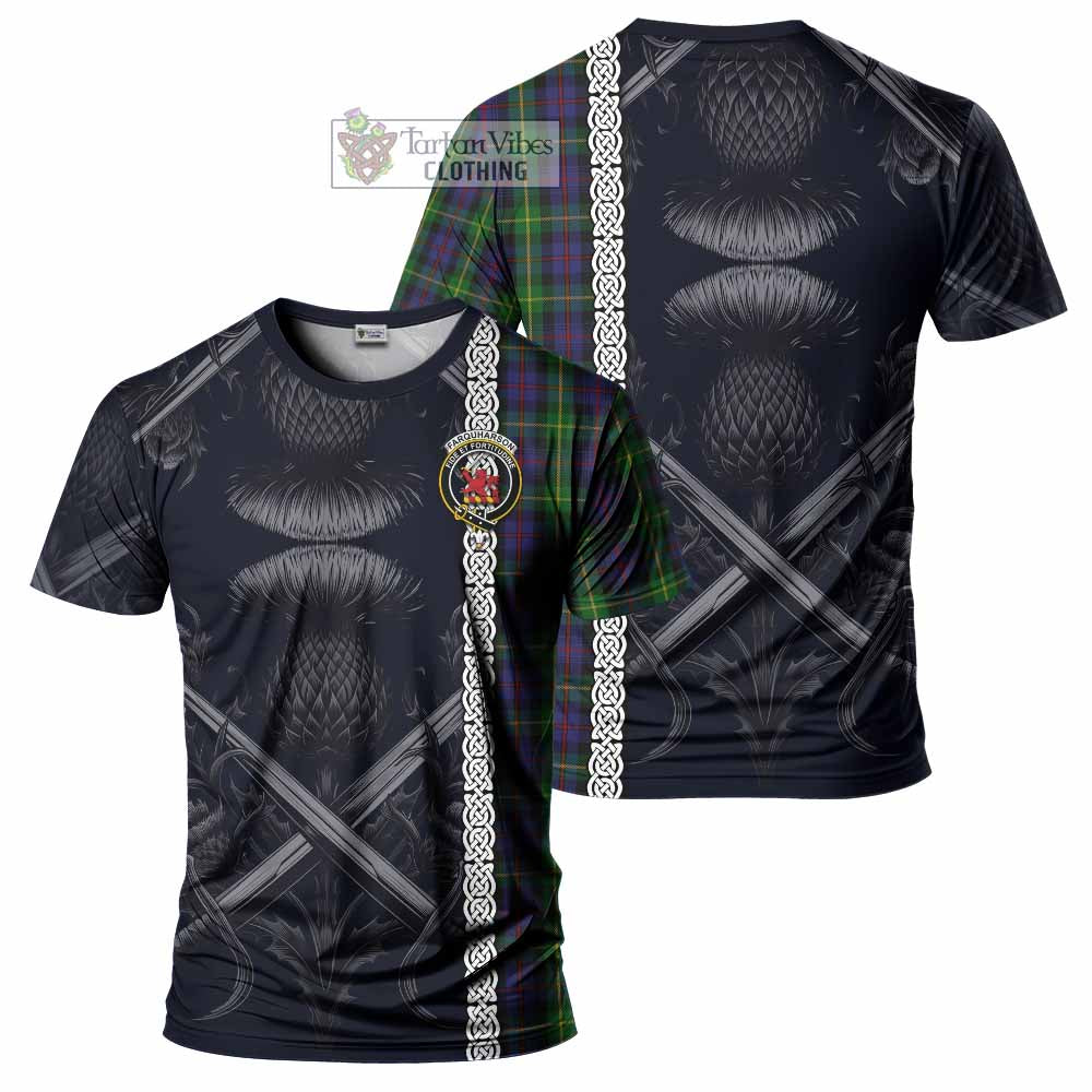 Tartan Vibes Clothing Farquharson Tartan T-Shirt with Family Crest Cross Sword Thistle Celtic Vibes