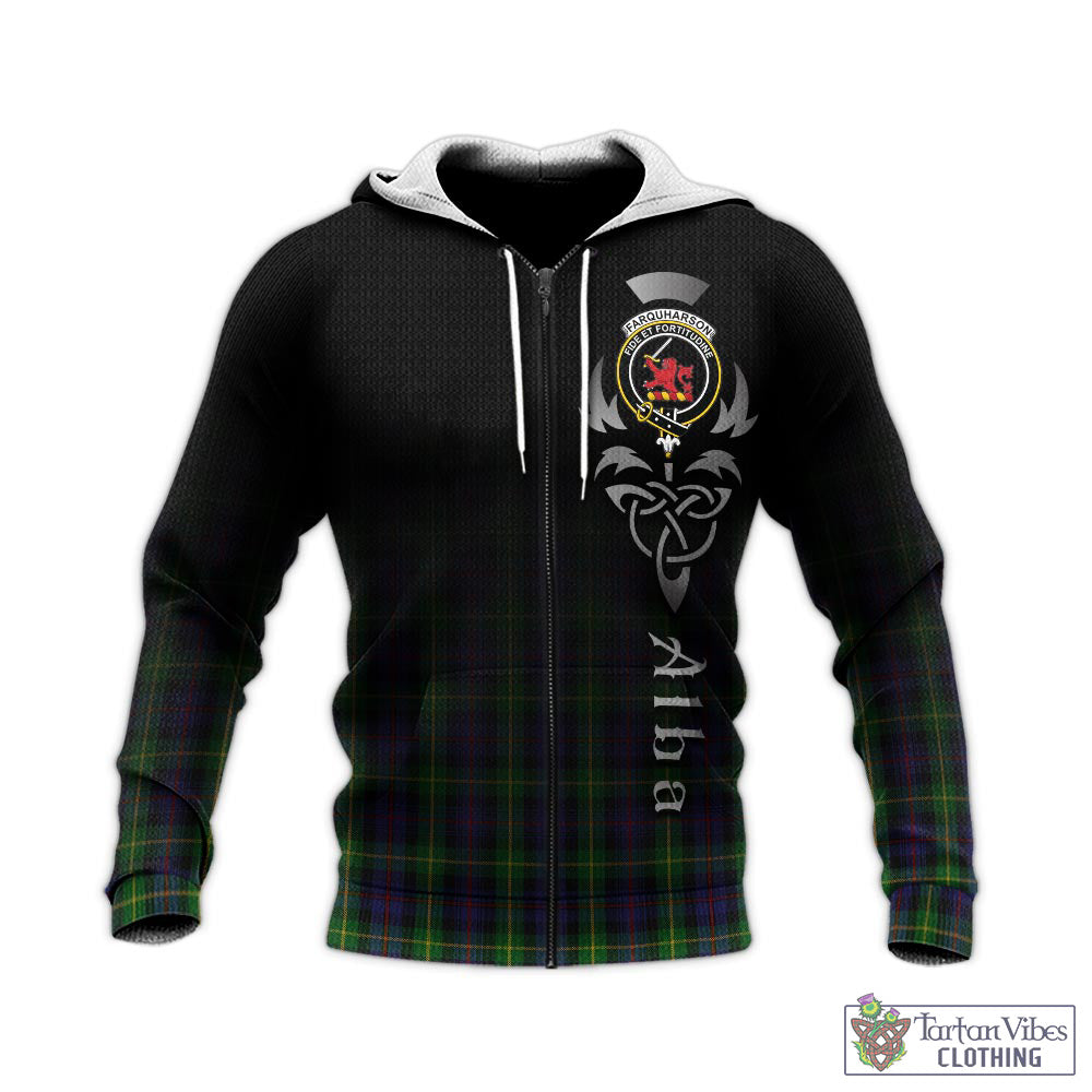 Tartan Vibes Clothing Farquharson Tartan Knitted Hoodie Featuring Alba Gu Brath Family Crest Celtic Inspired