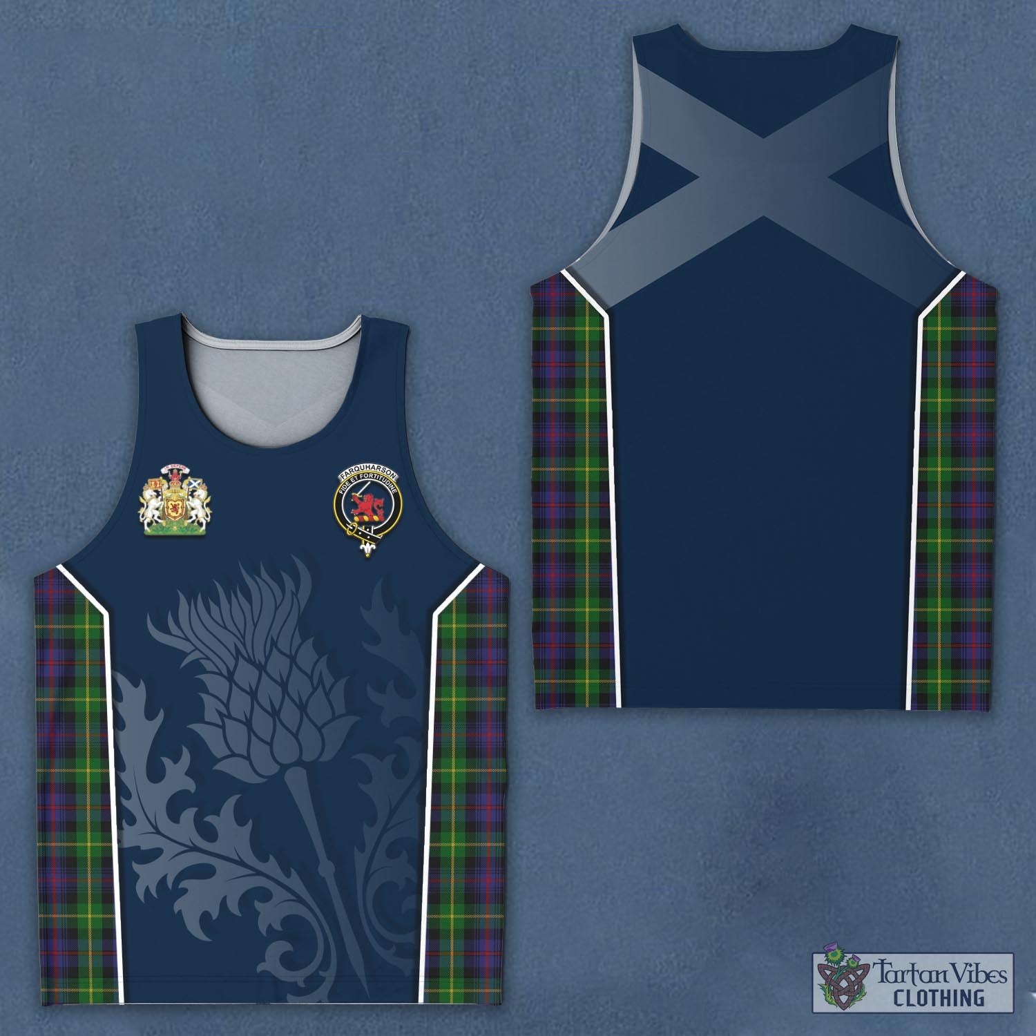 Tartan Vibes Clothing Farquharson Tartan Men's Tanks Top with Family Crest and Scottish Thistle Vibes Sport Style