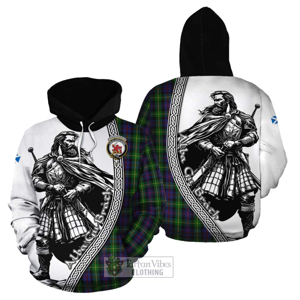 Tartan Vibes Clothing Farquharson Tartan Clan Crest Cotton Hoodie with Highlander Warrior Celtic Style