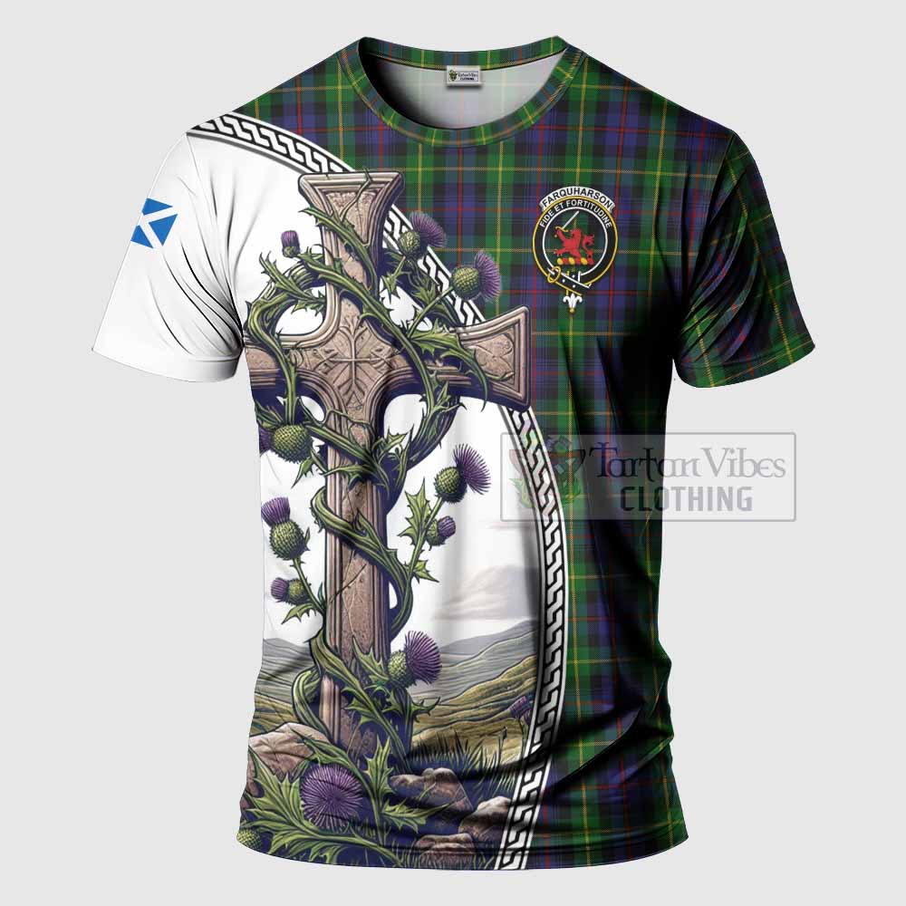 Tartan Vibes Clothing Farquharson Agnew Tartan T-Shirt with Family Crest and St. Andrew's Cross Accented by Thistle Vines