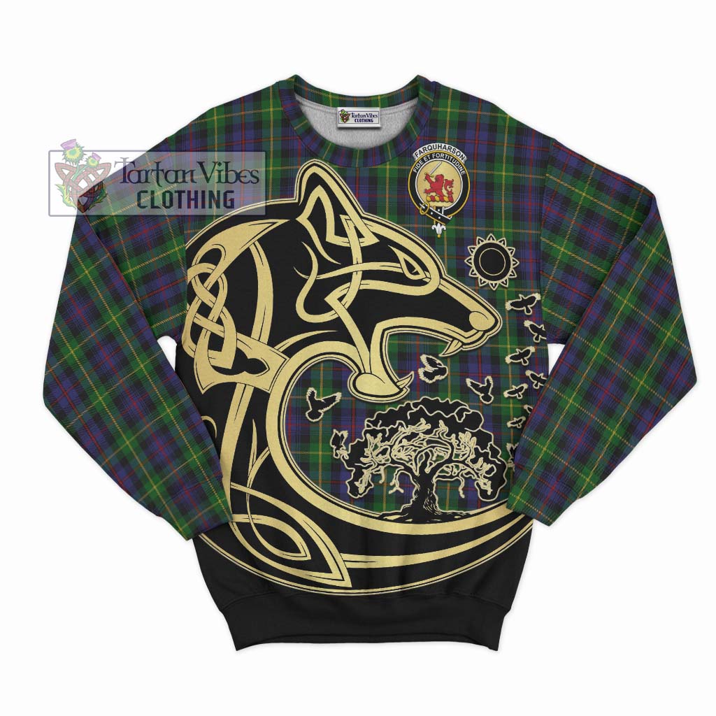 Tartan Vibes Clothing Farquharson Tartan Sweatshirt with Family Crest Celtic Wolf Style