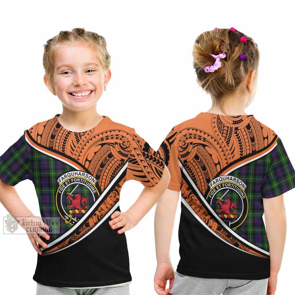 Tartan Vibes Clothing Farquharson Crest Tartan Kid T-Shirt with Maori Tattoo Style - Orange Version