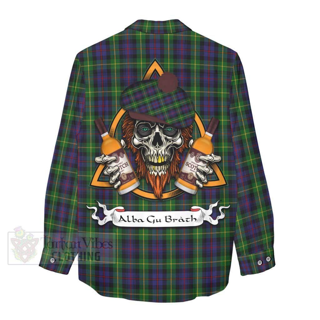 Tartan Vibes Clothing Farquharson Tartan Women's Casual Shirt with Family Crest and Bearded Skull Holding Bottles of Whiskey