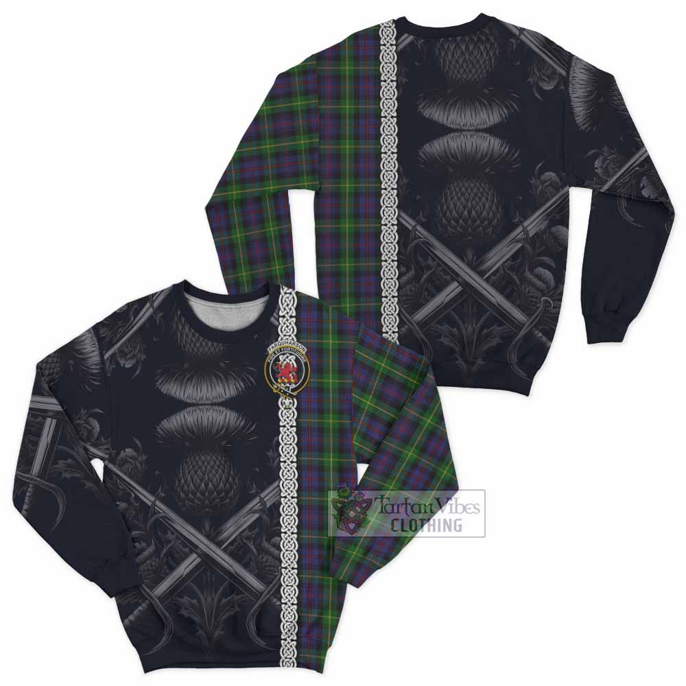 Tartan Vibes Clothing Farquharson Tartan Sweatshirt with Family Crest Cross Sword Thistle Celtic Vibes