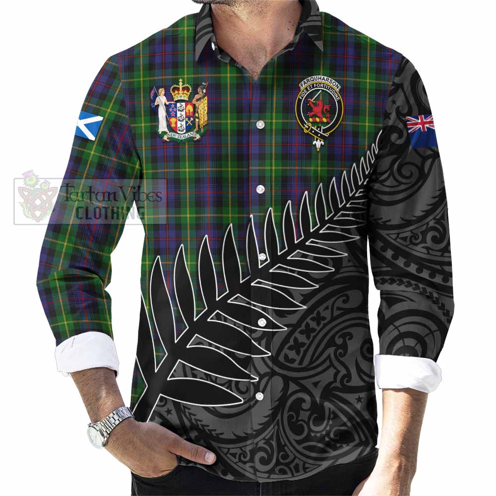 Tartan Vibes Clothing Farquharson Crest Tartan Long Sleeve Button Shirt with New Zealand Silver Fern Half Style