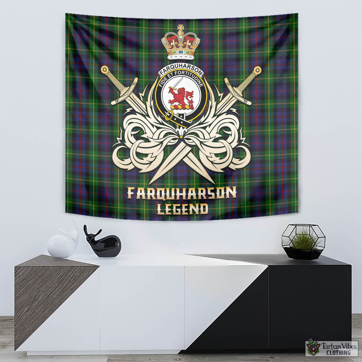 Tartan Vibes Clothing Farquharson Tartan Tapestry with Clan Crest and the Golden Sword of Courageous Legacy