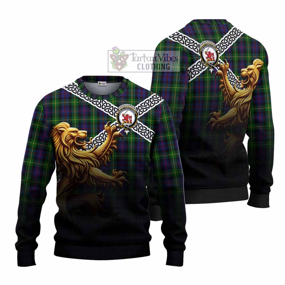 Farquharson Crest Tartan Knitted Sweater with Golden Lion Emblem Celtic Style - Tartan Vibes Clothing