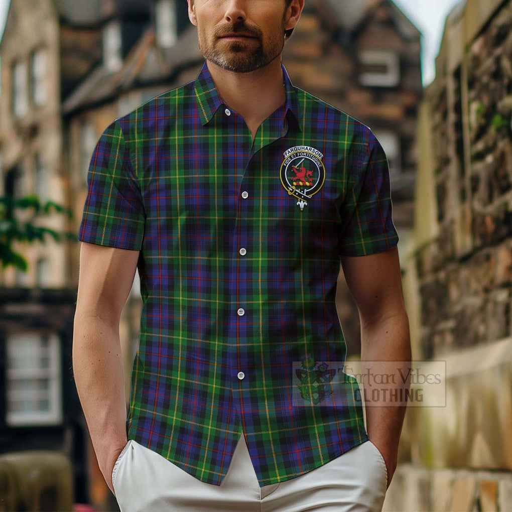 Tartan Vibes Clothing Farquharson Tartan Short Sleeve Button Shirt with Family Crest and Bearded Skull Holding Bottles of Whiskey