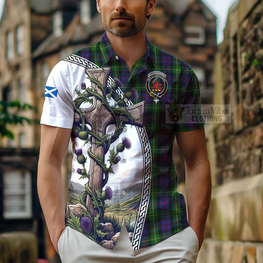 Tartan Vibes Clothing Farquharson Tartan Short Sleeve Button Shirt with Family Crest and St. Andrew's Cross Accented by Thistle Vines