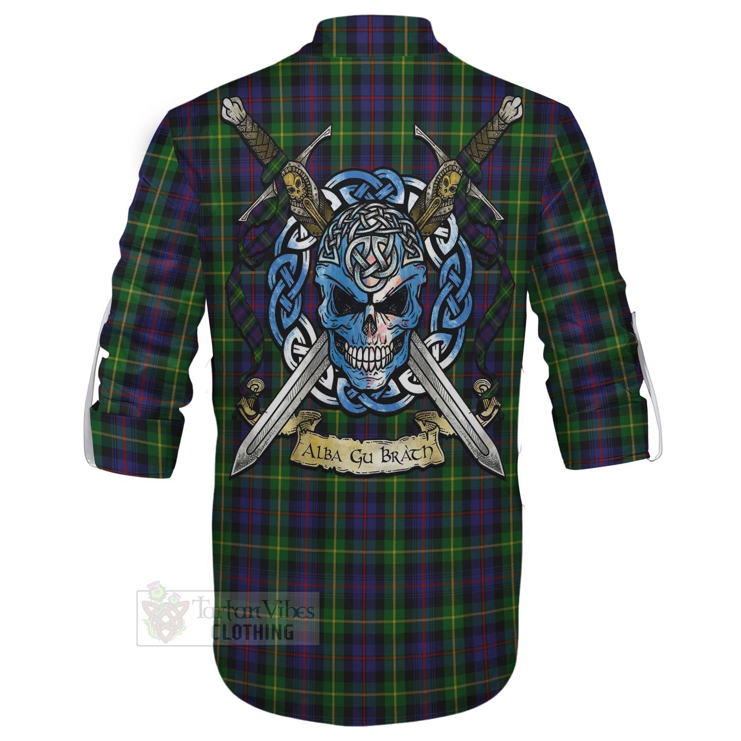 Tartan Vibes Clothing Farquharson Tartan Ghillie Kilt Shirt with Family Crest Celtic Skull Style