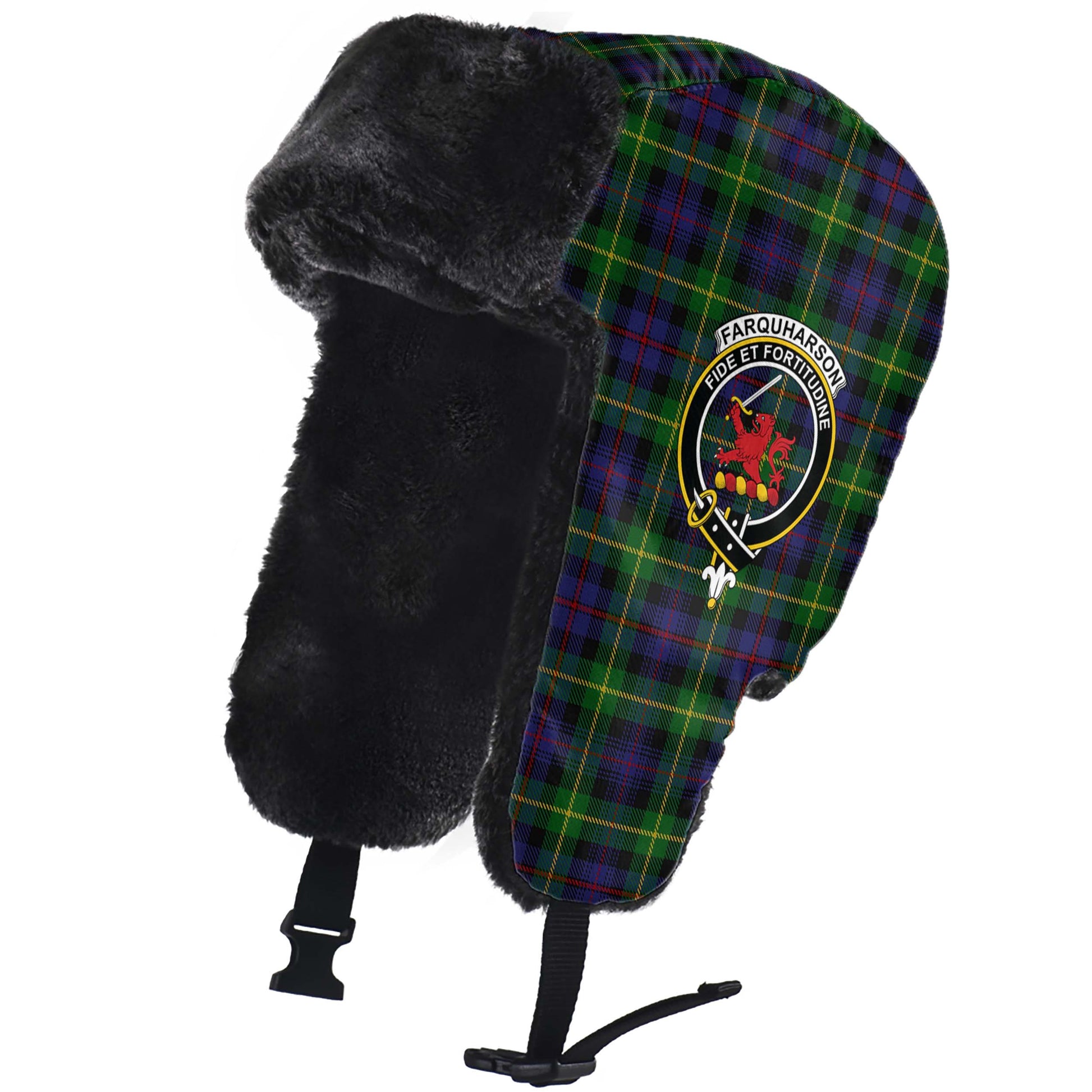 Farquharson Tartan Winter Trapper Hat with Family Crest - Tartanvibesclothing