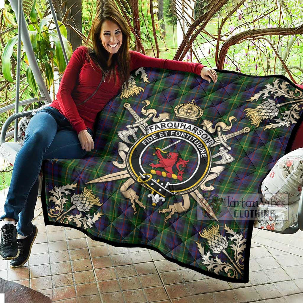 Tartan Vibes Clothing Farquharson Tartan Quilt with Family Crest and Scottish Golden Courage Shield