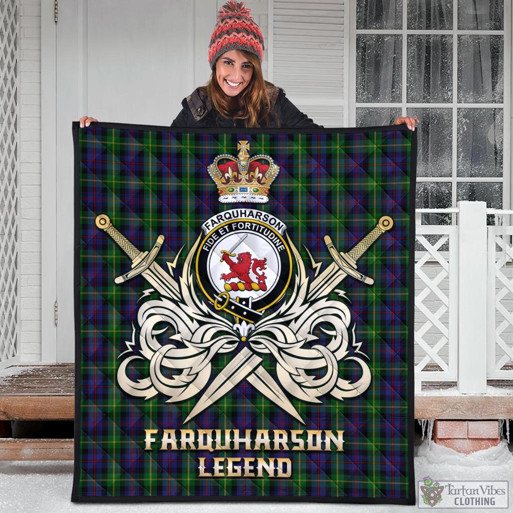 Tartan Vibes Clothing Farquharson Tartan Quilt with Clan Crest and the Golden Sword of Courageous Legacy