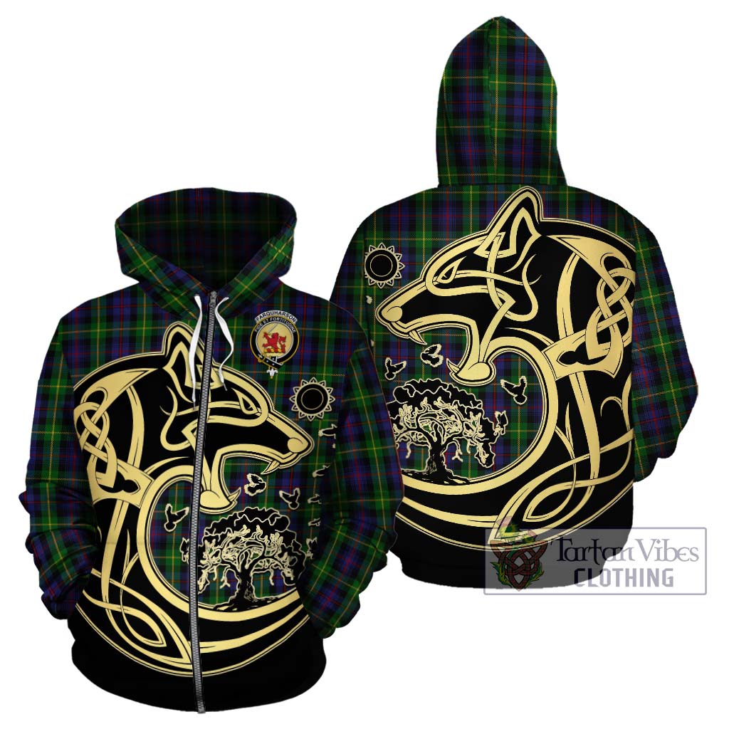 Tartan Vibes Clothing Farquharson Tartan Hoodie with Family Crest Celtic Wolf Style