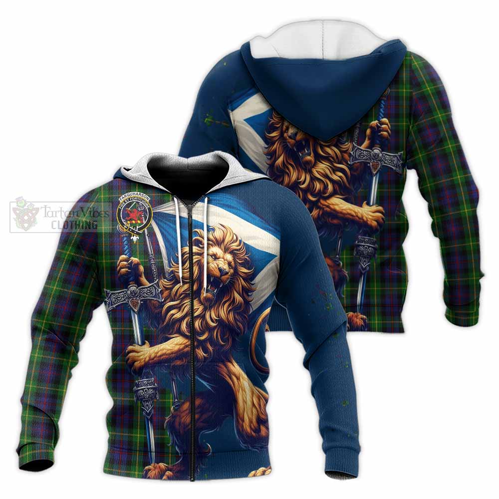 Tartan Vibes Clothing Farquharson Tartan Family Crest Knitted Hoodie with Scottish Majestic Lion