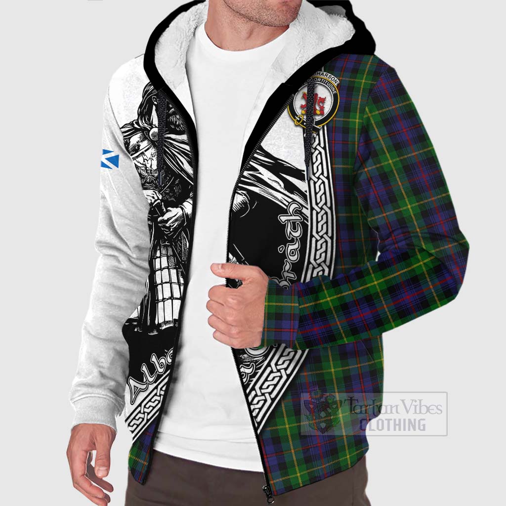 Tartan Vibes Clothing Farquharson Tartan Clan Crest Sherpa Hoodie with Highlander Warrior Celtic Style