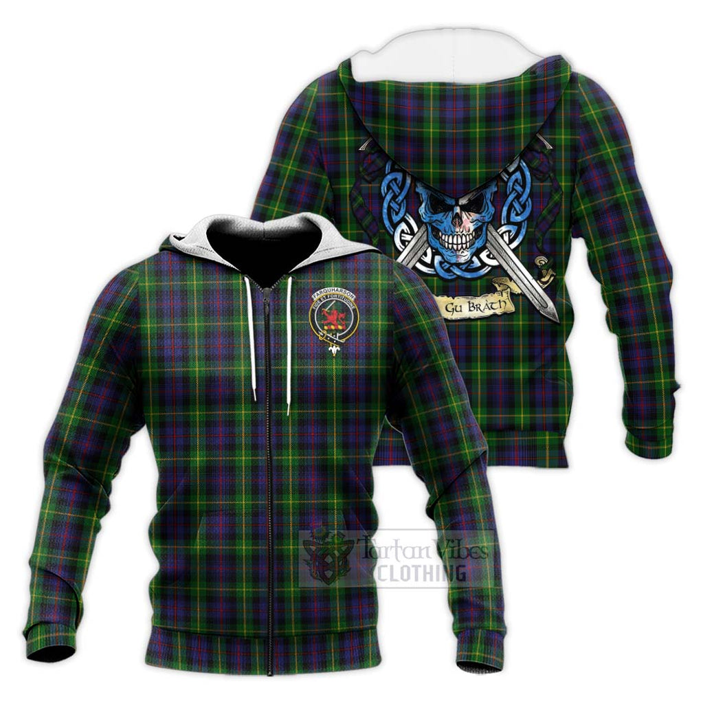 Tartan Vibes Clothing Farquharson Tartan Knitted Hoodie with Family Crest Celtic Skull Style