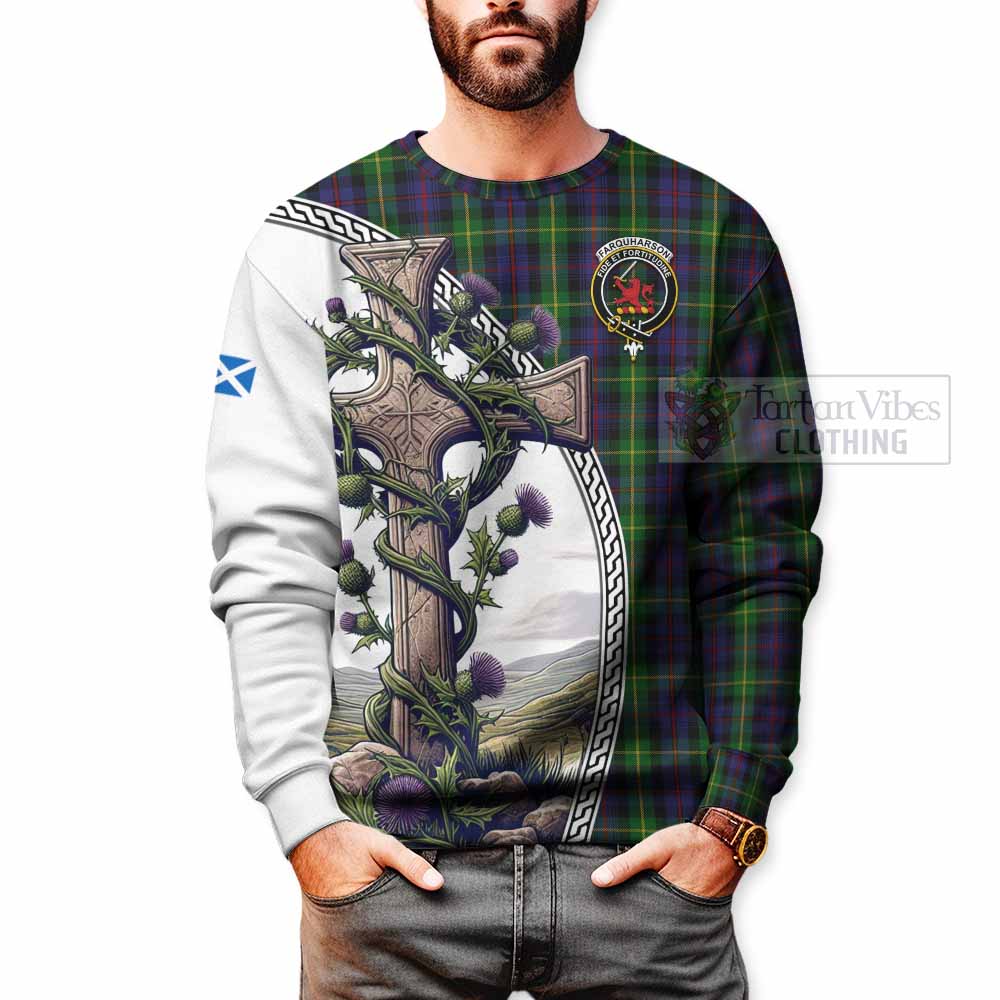 Tartan Vibes Clothing Farquharson Tartan Sweatshirt with Family Crest and St. Andrew's Cross Accented by Thistle Vines