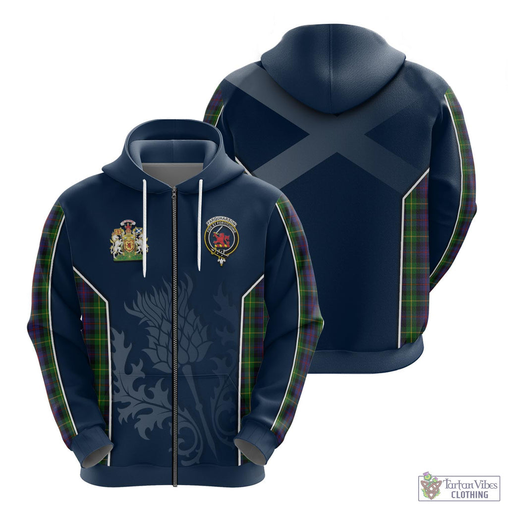 Tartan Vibes Clothing Farquharson Tartan Hoodie with Family Crest and Scottish Thistle Vibes Sport Style