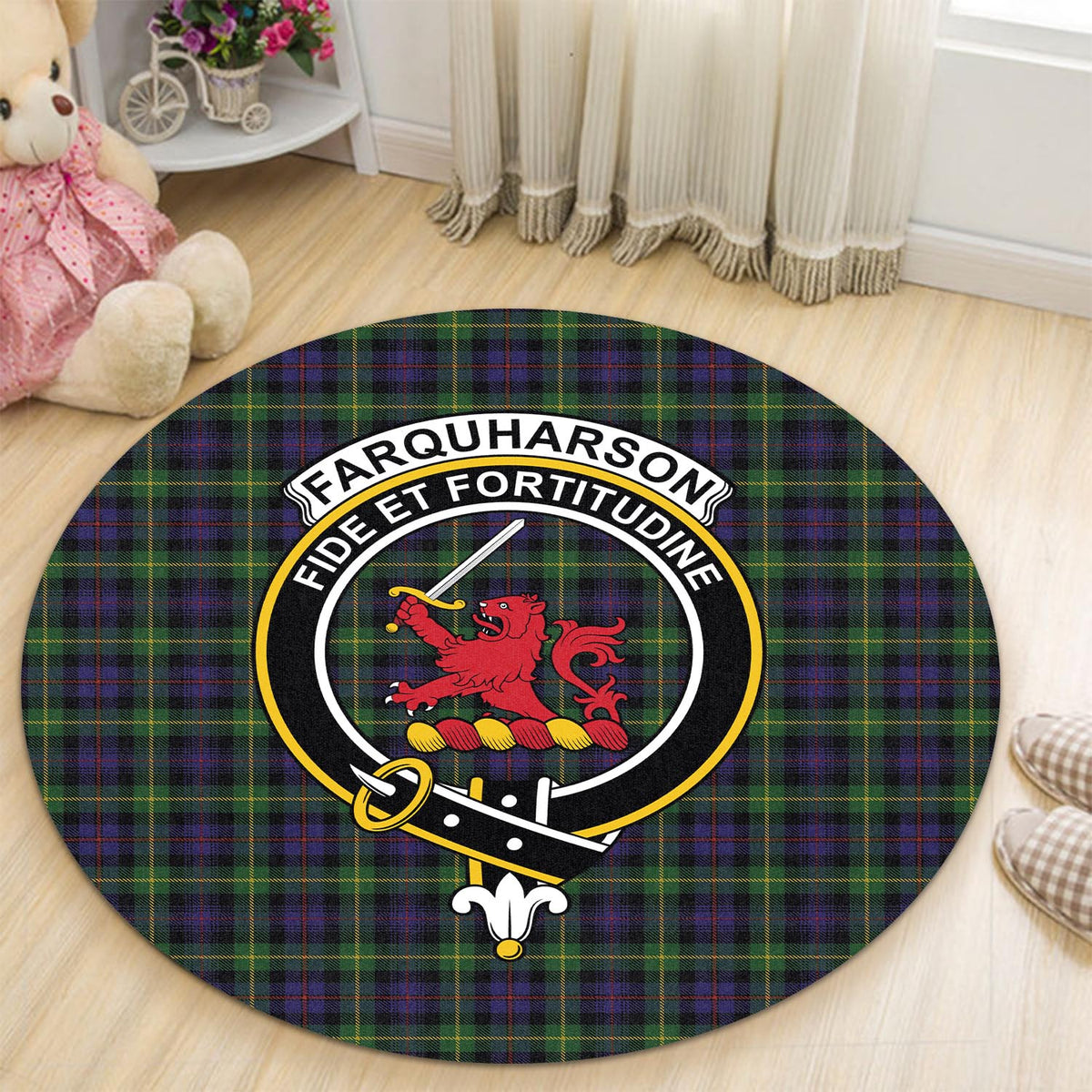 Farquharson Tartan Round Rug with Family Crest - Tartan Vibes Clothing