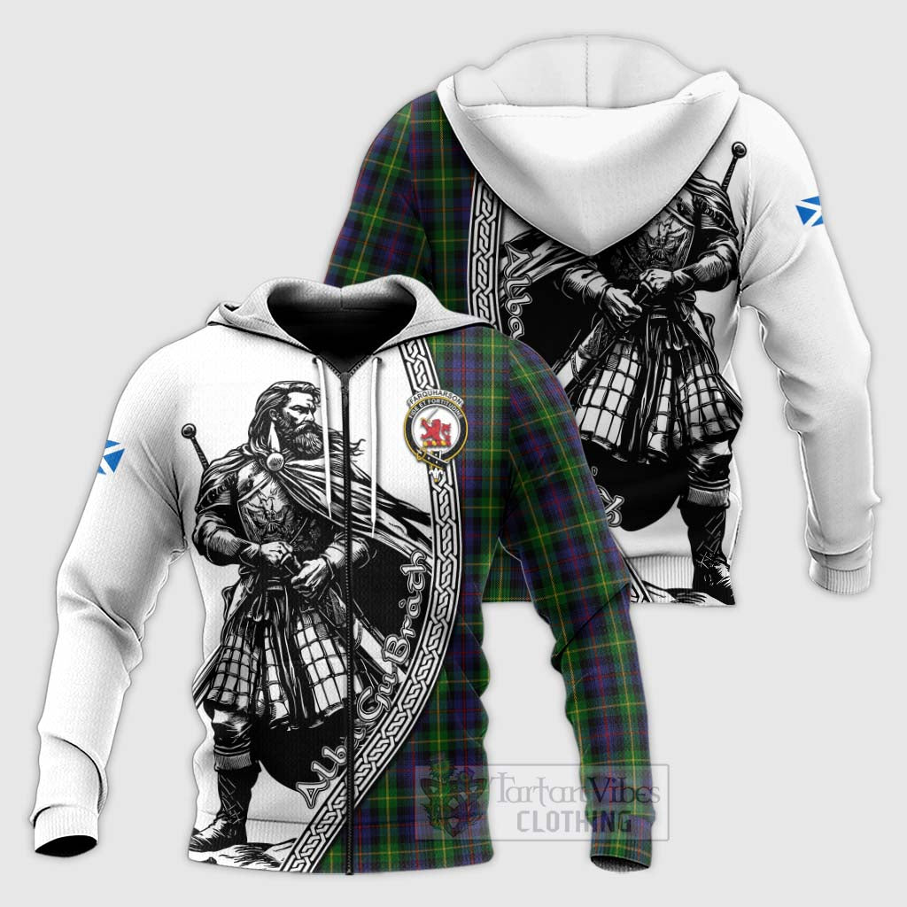 Tartan Vibes Clothing Farquharson Tartan Clan Crest Knitted Hoodie with Highlander Warrior Celtic Style