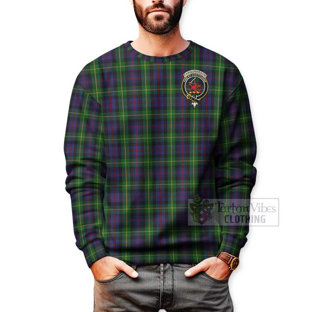 Tartan Vibes Clothing Farquharson Tartan Sweatshirt with Family Crest and Bearded Skull Holding Bottles of Whiskey