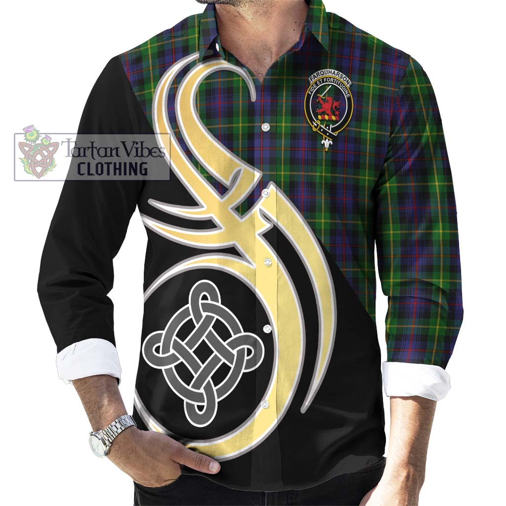 Farquharson Tartan Long Sleeve Button Shirt with Family Crest and Celtic Symbol Style - Tartan Vibes Clothing