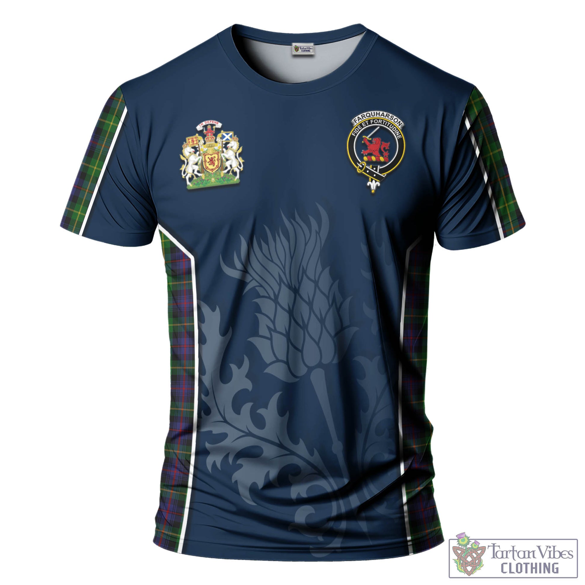 Tartan Vibes Clothing Farquharson Tartan T-Shirt with Family Crest and Scottish Thistle Vibes Sport Style