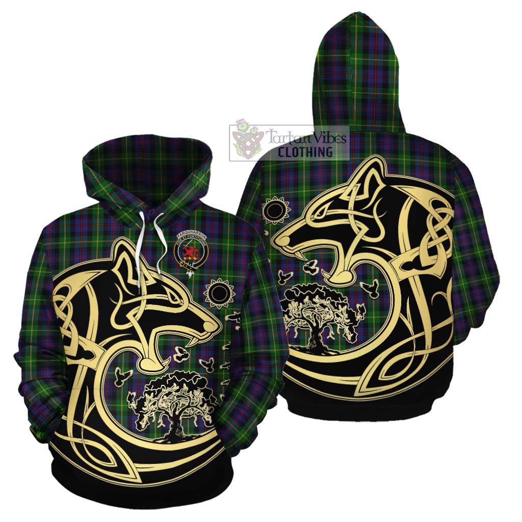 Tartan Vibes Clothing Farquharson Tartan Cotton Hoodie with Family Crest Celtic Wolf Style