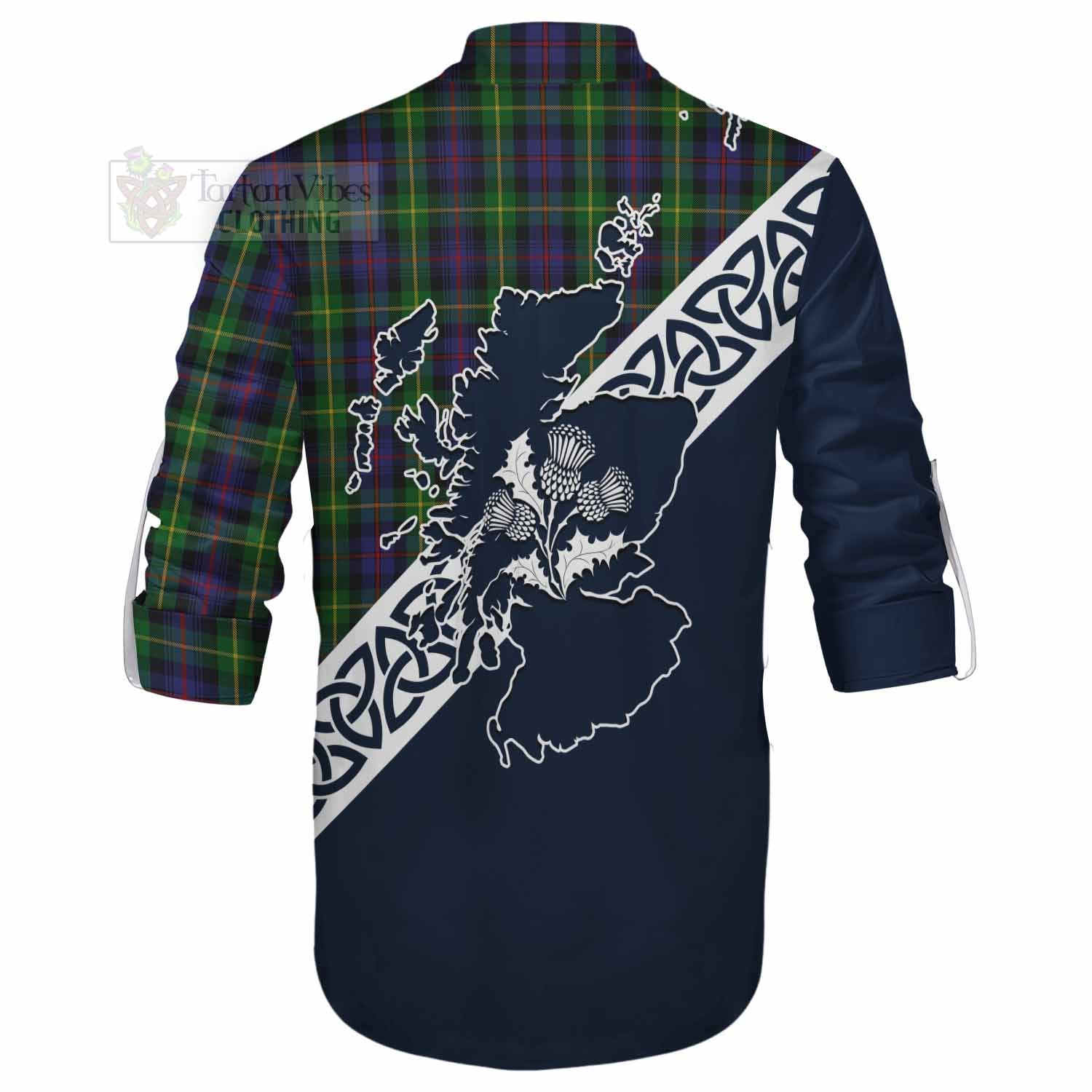 Tartan Vibes Clothing Farquharson Tartan Ghillie Kilt Shirt Featuring Thistle and Scotland Map