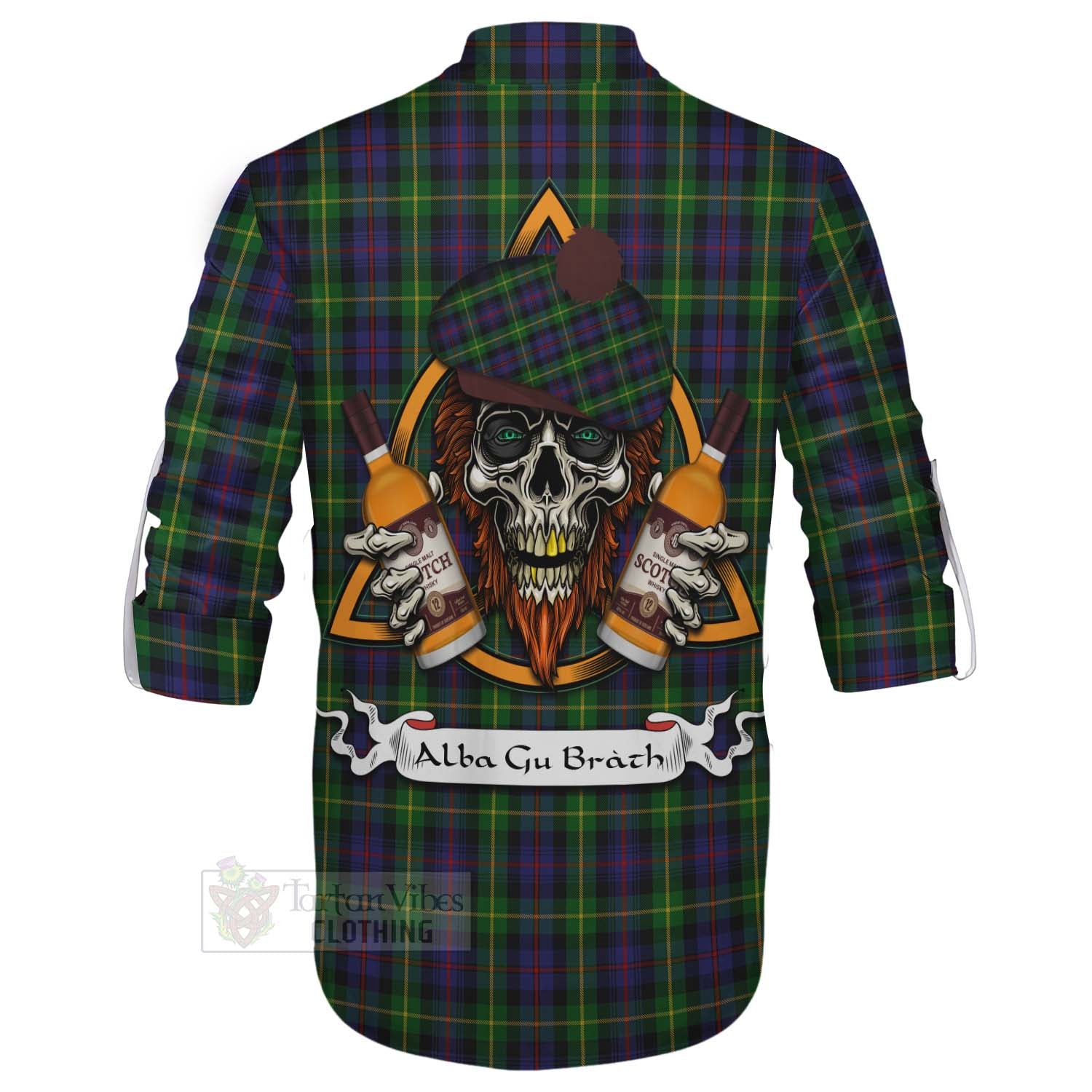 Tartan Vibes Clothing Farquharson Tartan Ghillie Kilt Shirt with Family Crest and Bearded Skull Holding Bottles of Whiskey