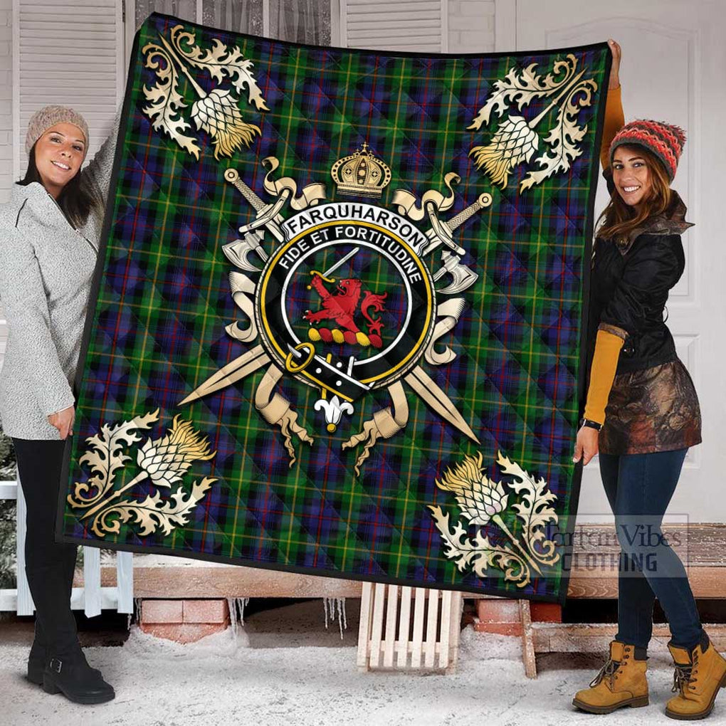 Tartan Vibes Clothing Farquharson Tartan Quilt with Family Crest and Scottish Golden Courage Shield