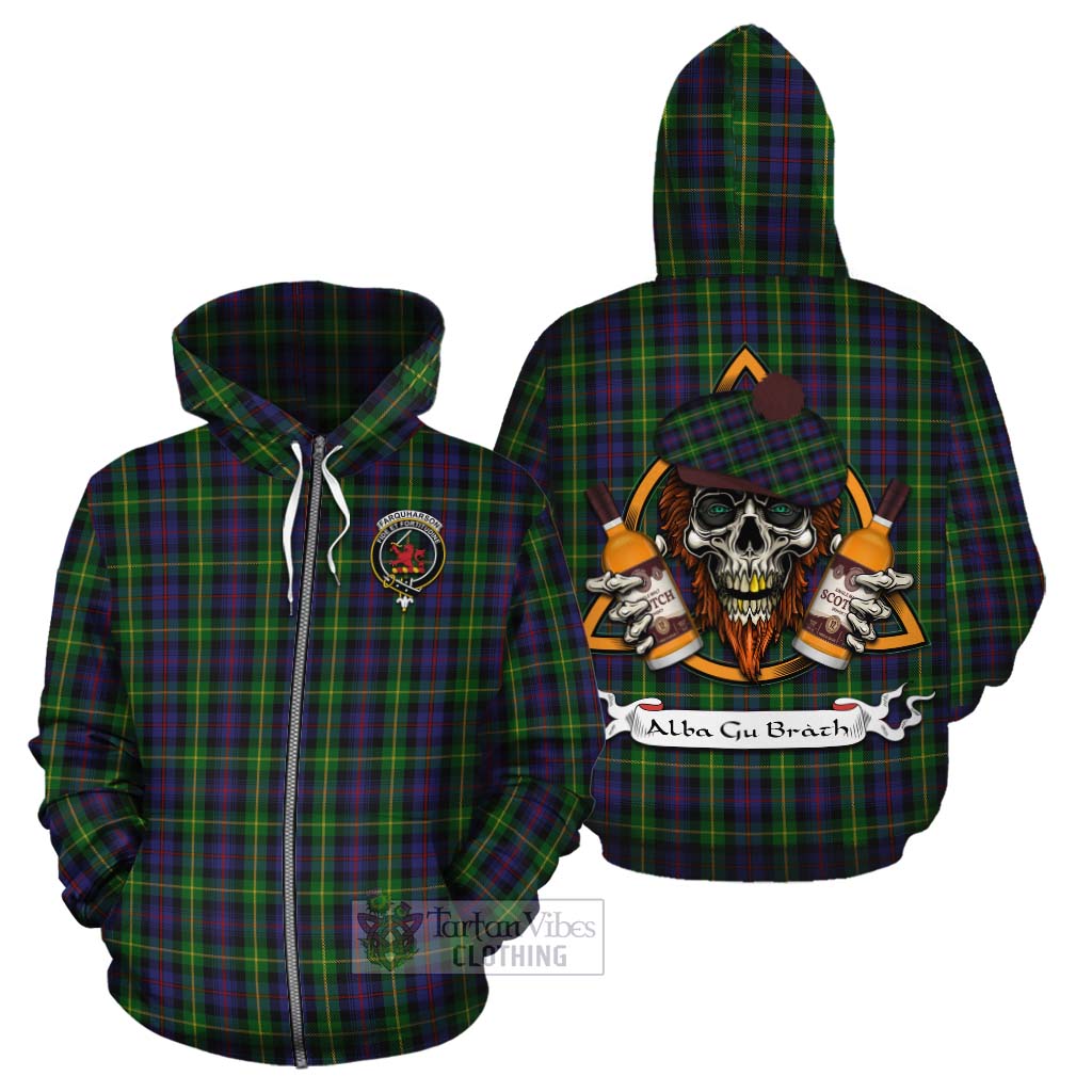 Tartan Vibes Clothing Farquharson Tartan Cotton Hoodie with Family Crest and Bearded Skull Holding Bottles of Whiskey