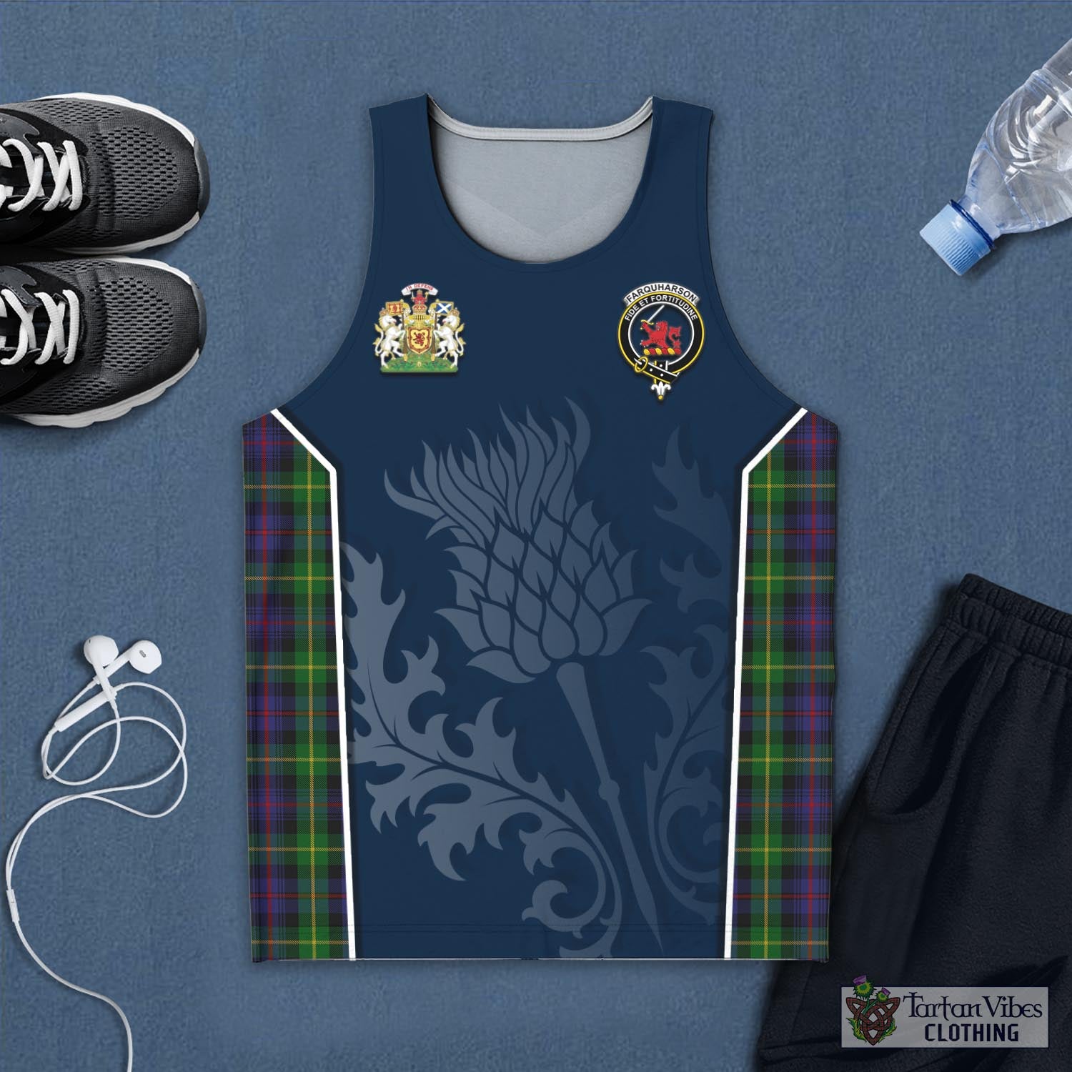 Tartan Vibes Clothing Farquharson Tartan Men's Tanks Top with Family Crest and Scottish Thistle Vibes Sport Style