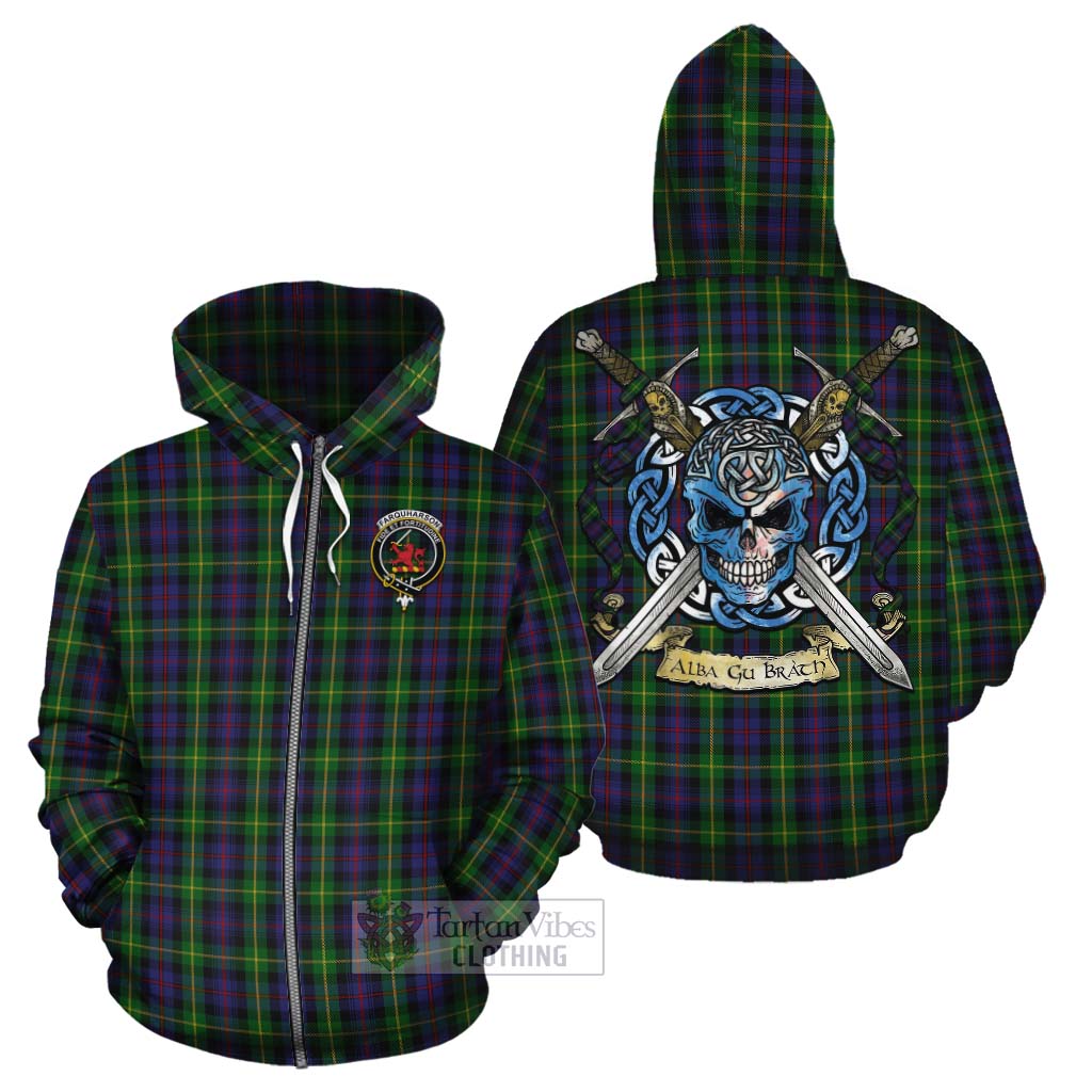 Tartan Vibes Clothing Farquharson Tartan Cotton Hoodie with Family Crest Celtic Skull Style