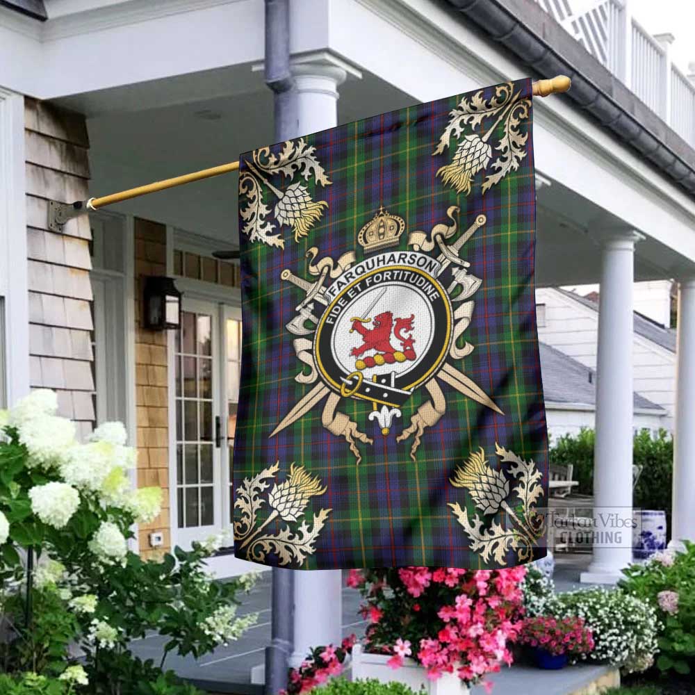 Tartan Vibes Clothing Farquharson Tartan Flag with Family Crest and Golden Thistle Crossed Sword Design