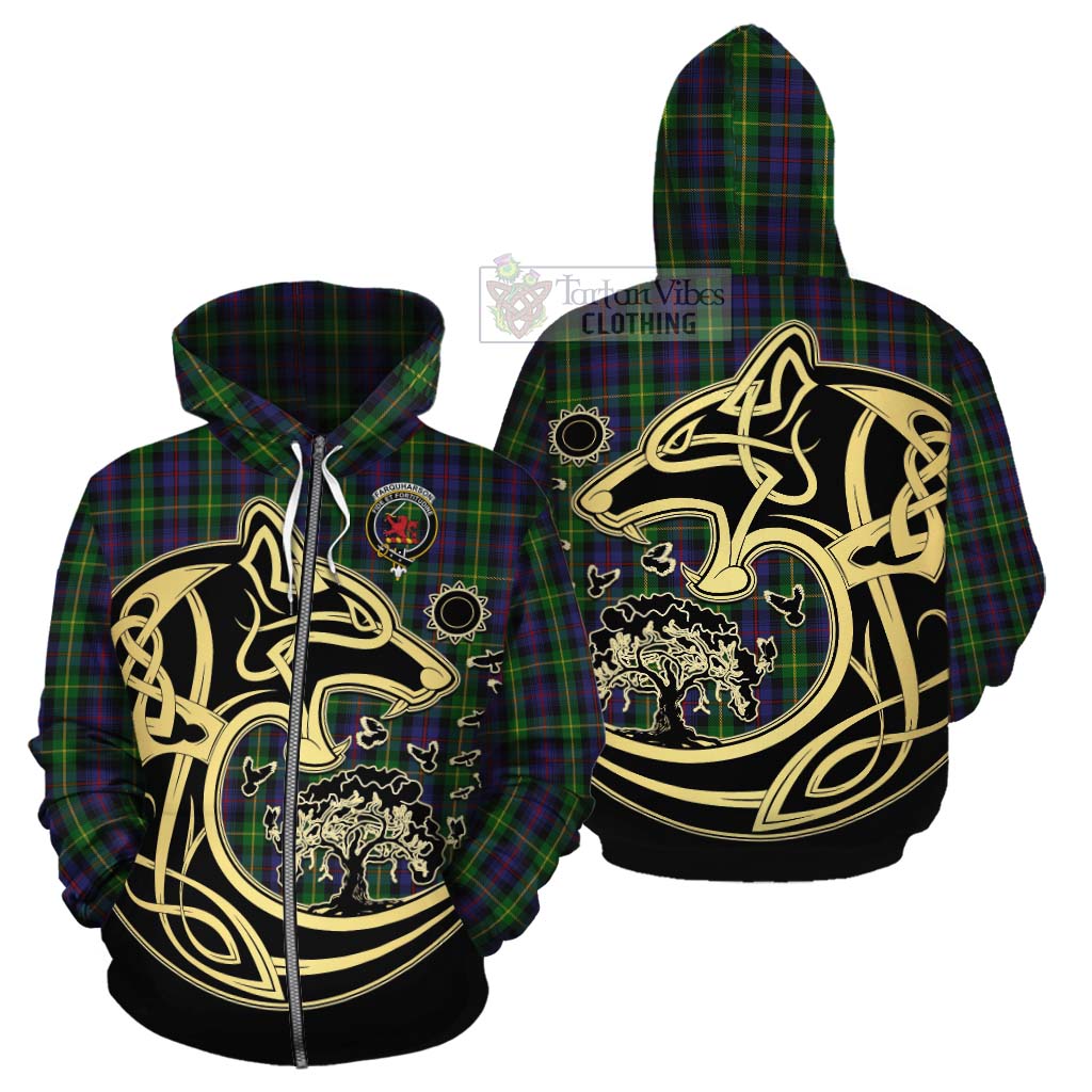 Tartan Vibes Clothing Farquharson Tartan Cotton Hoodie with Family Crest Celtic Wolf Style