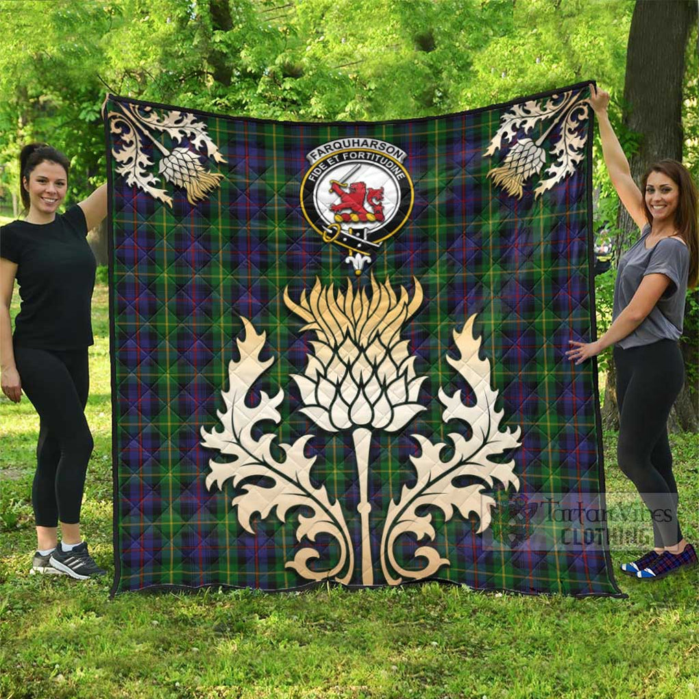 Tartan Vibes Clothing Farquharson Tartan Quilt with Family Crest and Golden Thistle Style