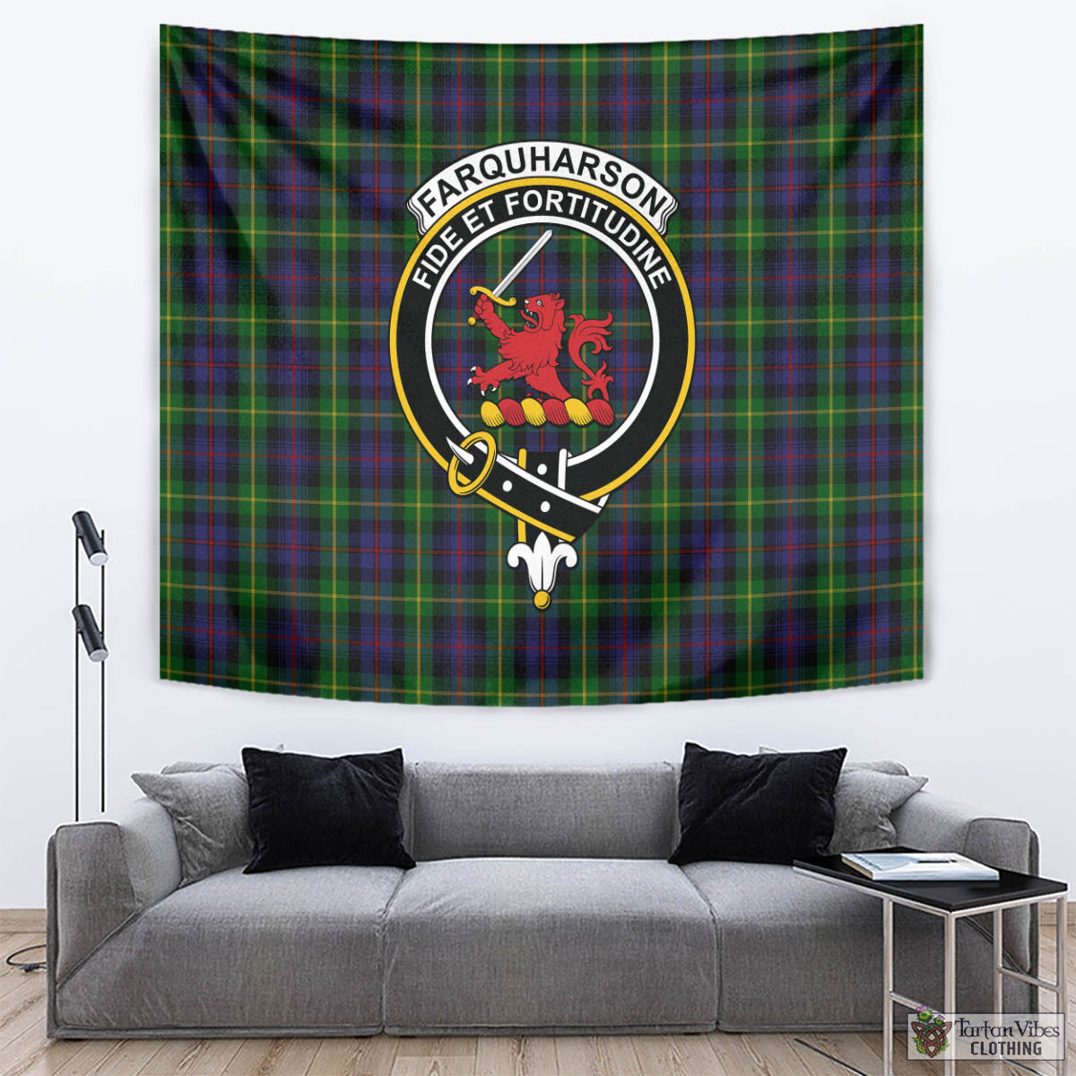 Tartan Vibes Clothing Farquharson Tartan Tapestry Wall Hanging and Home Decor for Room with Family Crest