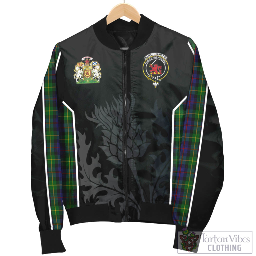 Tartan Vibes Clothing Farquharson Tartan Bomber Jacket with Family Crest and Scottish Thistle Vibes Sport Style