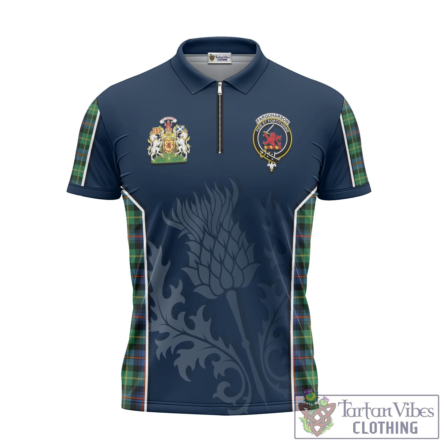 Tartan Vibes Clothing Farquharson Ancient Tartan Zipper Polo Shirt with Family Crest and Scottish Thistle Vibes Sport Style