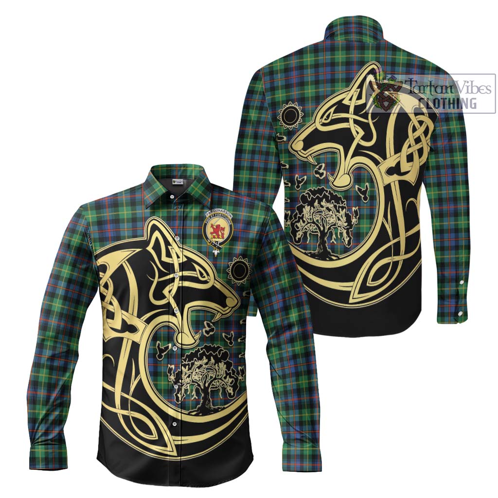 Tartan Vibes Clothing Farquharson Ancient Tartan Long Sleeve Button Shirt with Family Crest Celtic Wolf Style