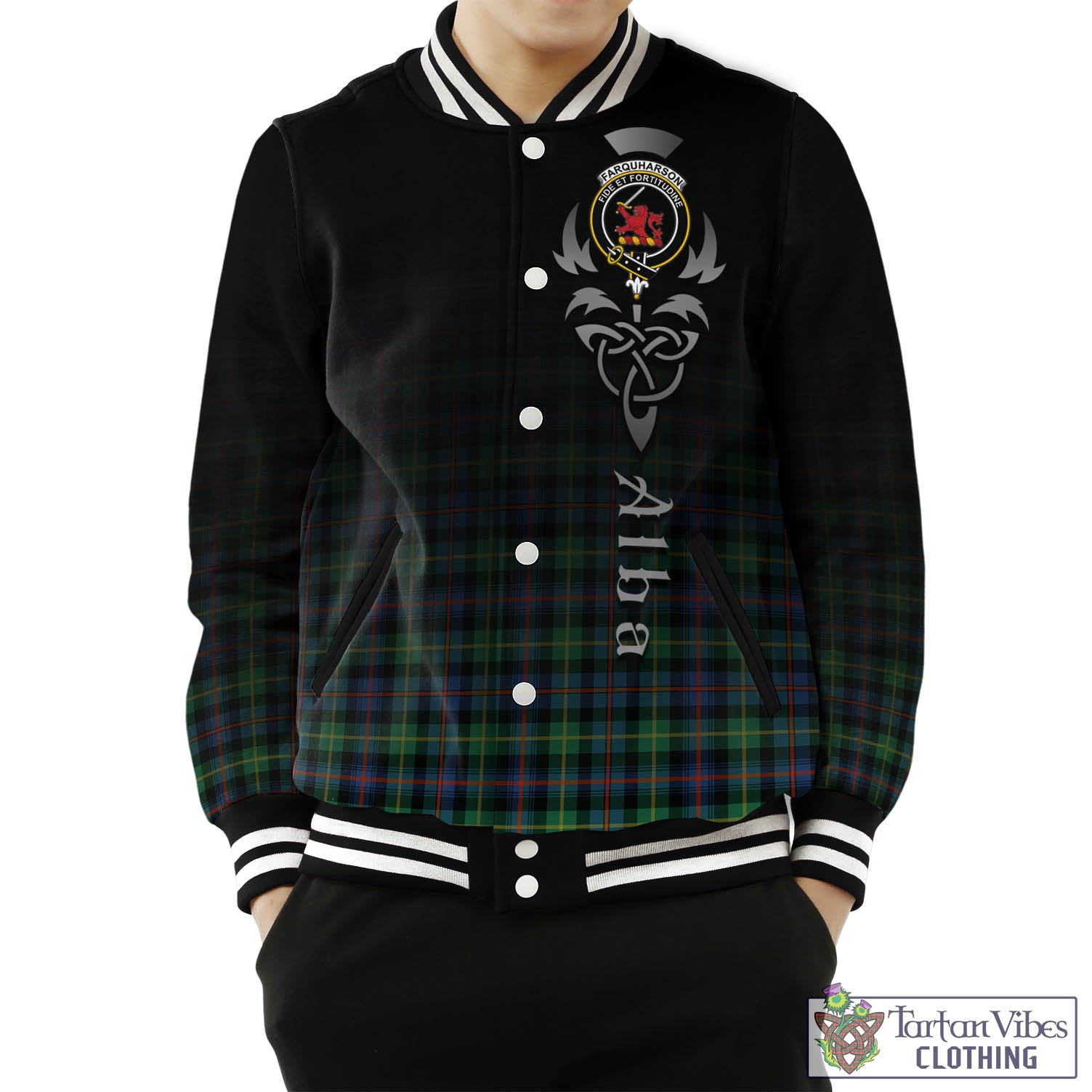 Tartan Vibes Clothing Farquharson Ancient Tartan Baseball Jacket Featuring Alba Gu Brath Family Crest Celtic Inspired