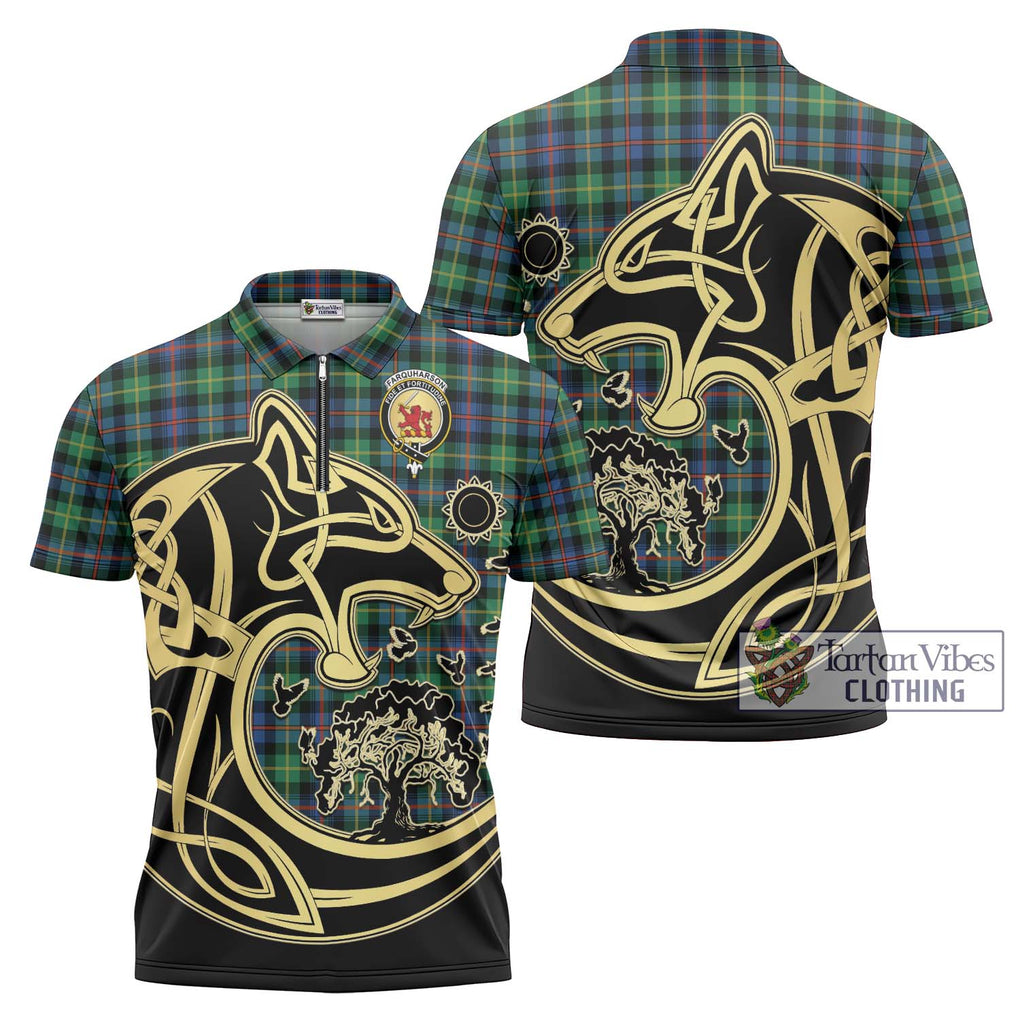 Farquharson Ancient Tartan Zipper Polo Shirt with Family Crest Celtic Wolf Style Unisex - Tartanvibesclothing Shop