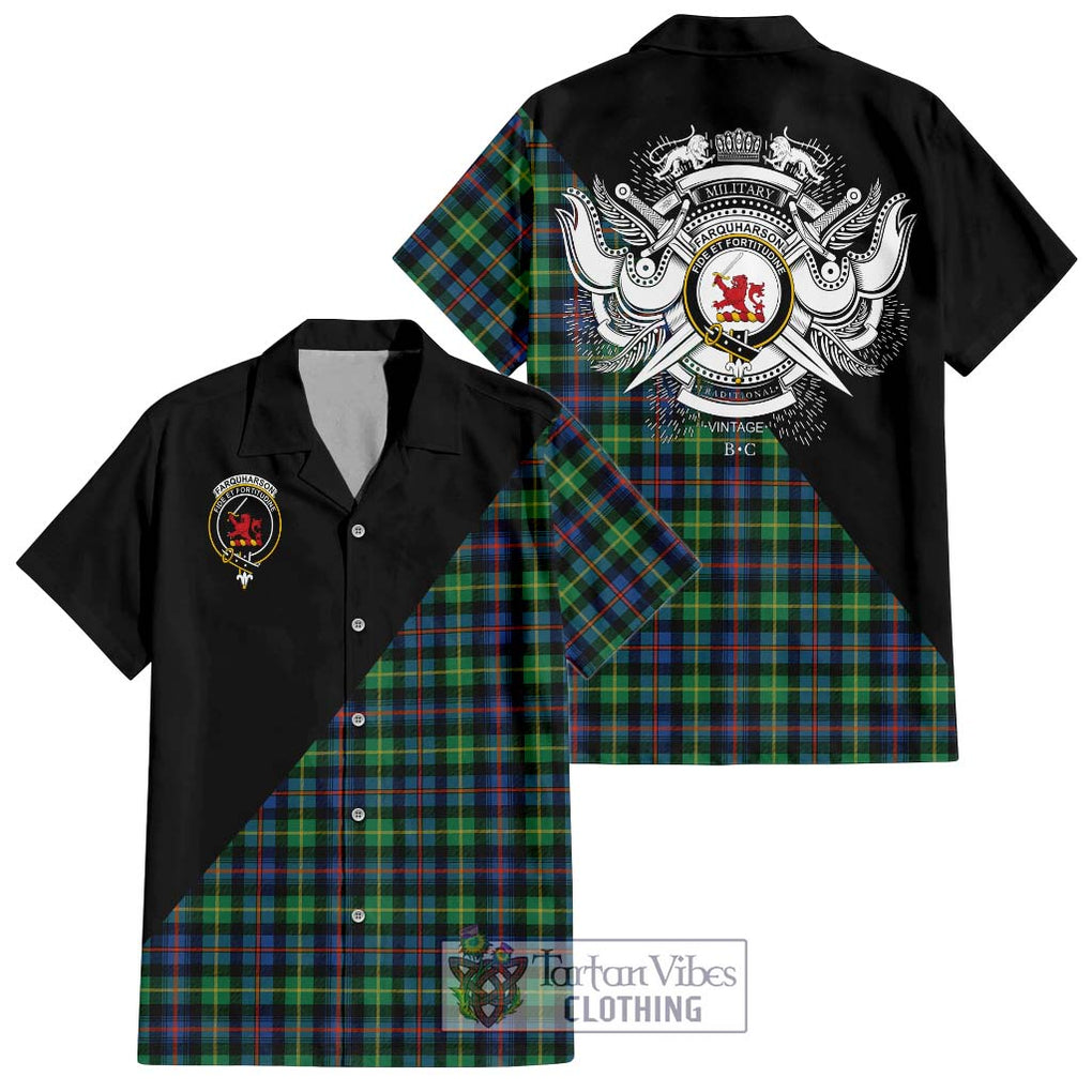 Farquharson Ancient Tartan Short Sleeve Button Shirt with Family Crest and Military Logo Style Kid - Tartanvibesclothing Shop