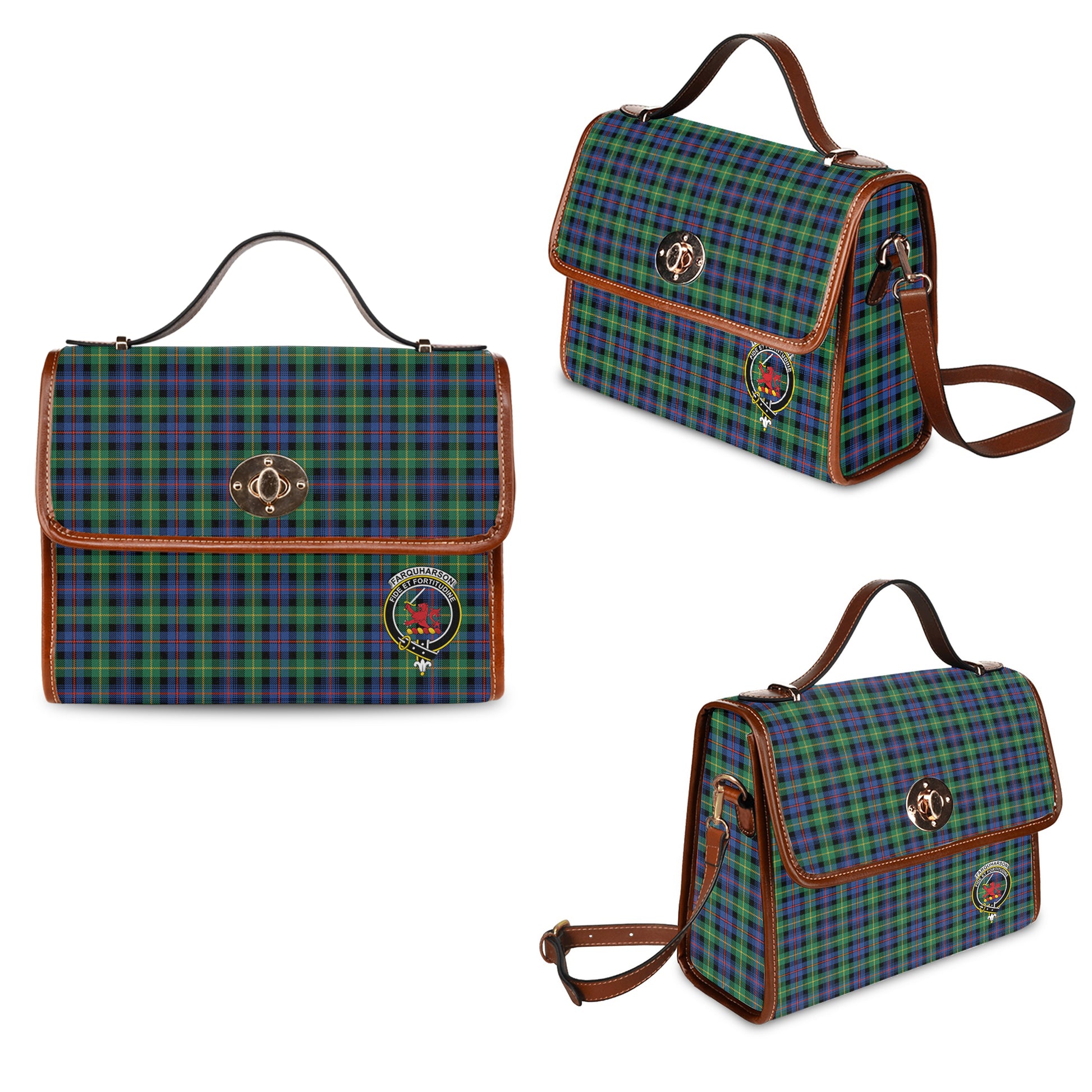 farquharson-ancient-tartan-leather-strap-waterproof-canvas-bag-with-family-crest