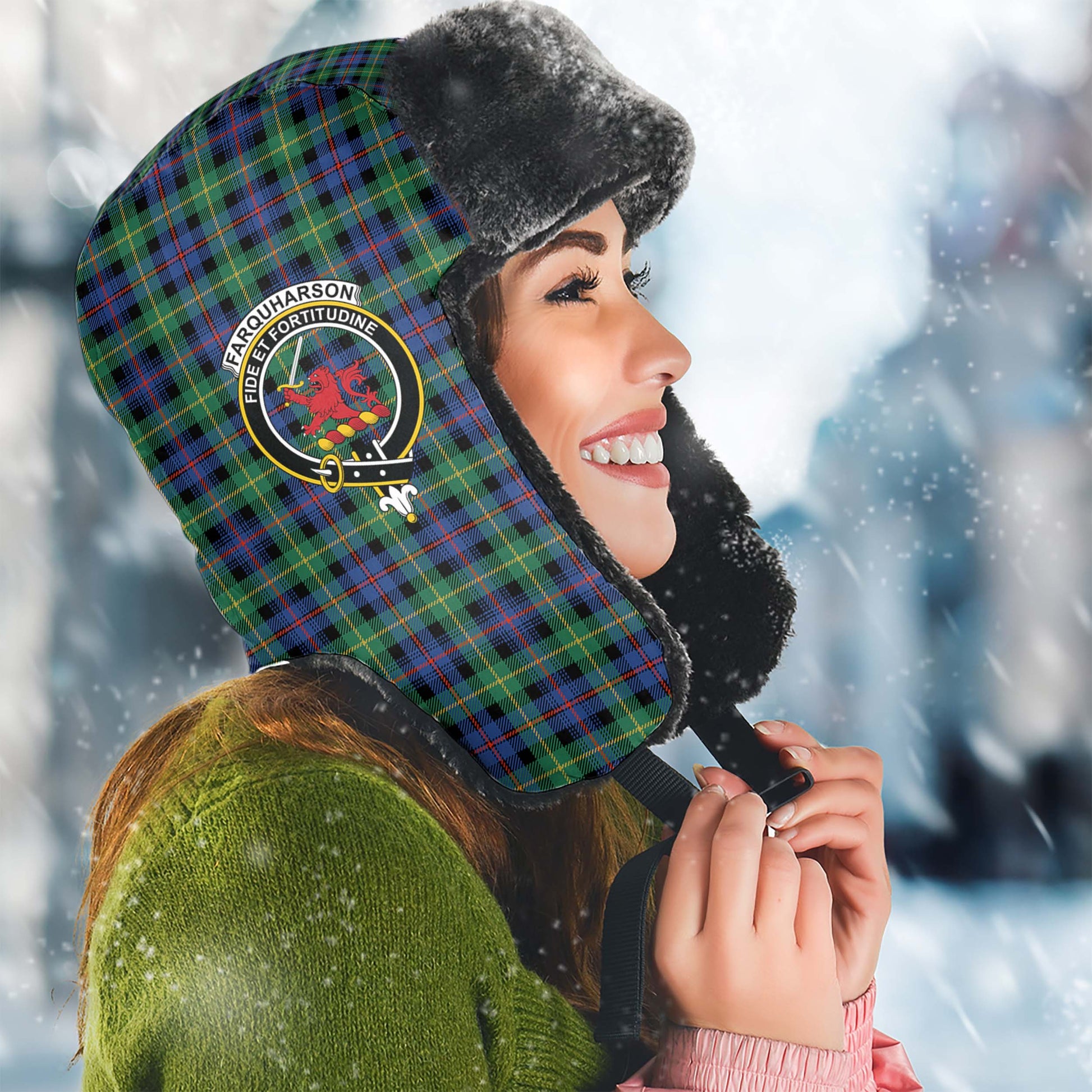 Farquharson Ancient Tartan Winter Trapper Hat with Family Crest Winter Trapper Hat Universal Fit Circumference 22.8in (58cm) - Tartanvibesclothing